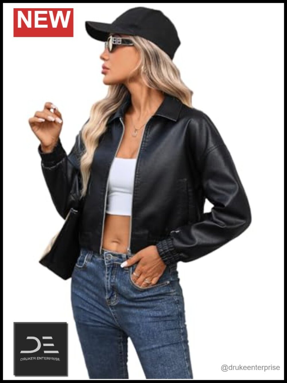 Faux Leather Bomber Jacket Zip Up